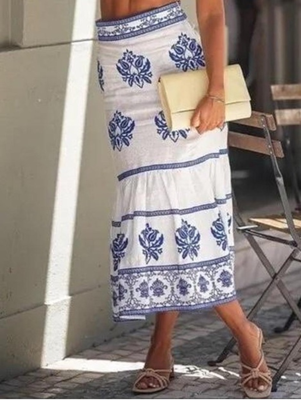 Zara Boho White & Blue Embroidered Midi Skirt